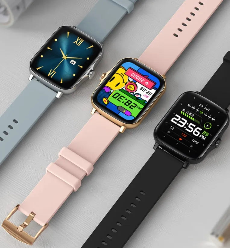 Black smart watch with 1.7-inch colour touchscreen on an adjustable strap.