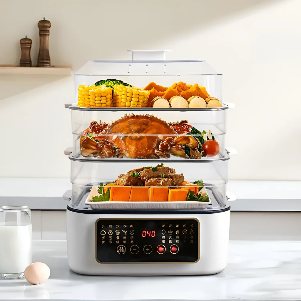 Stainless steel electric steamer kitchen appliance with 10 litre capacity and automatic measuring function