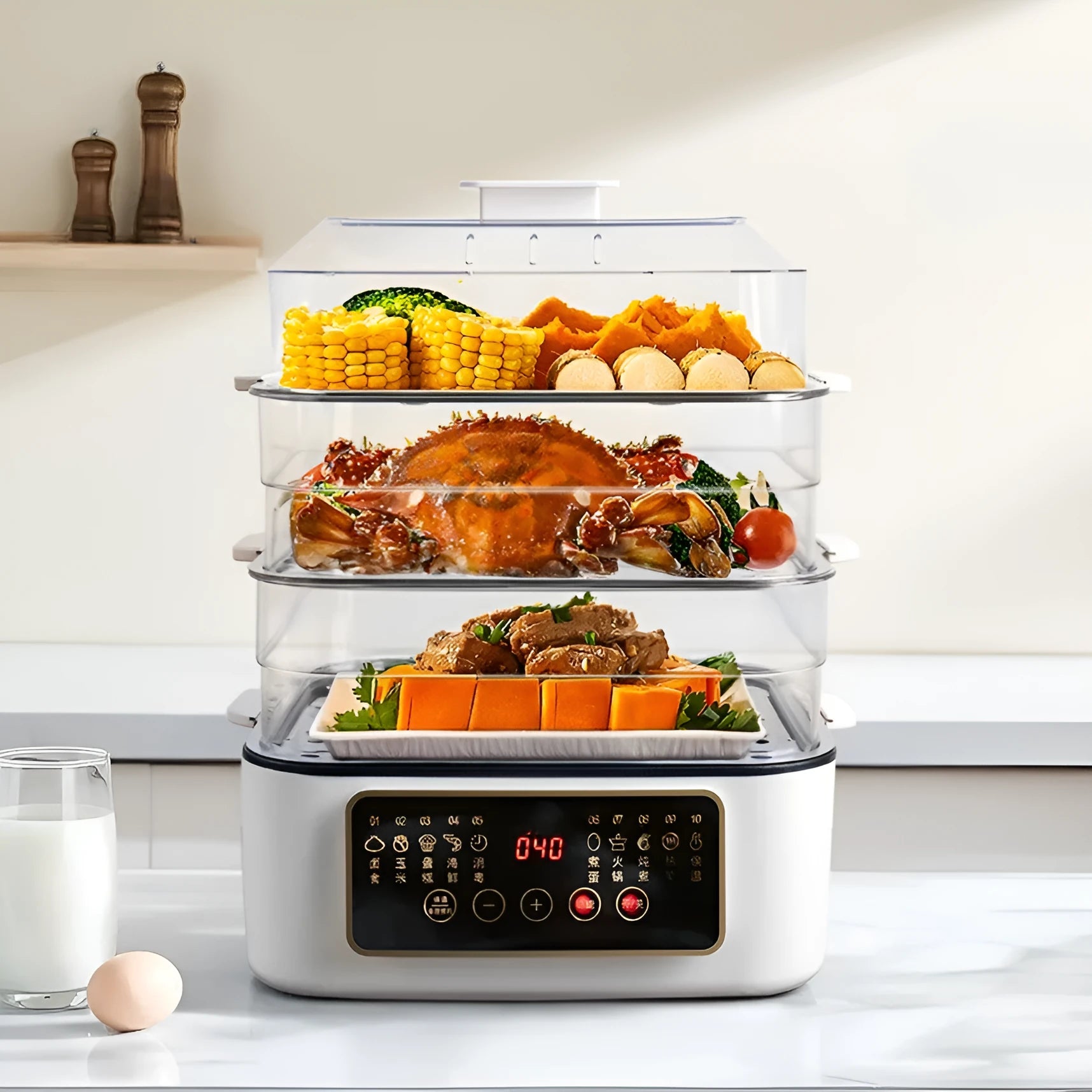 Stainless steel electric steamer kitchen appliance with 10 litre capacity and automatic measuring function