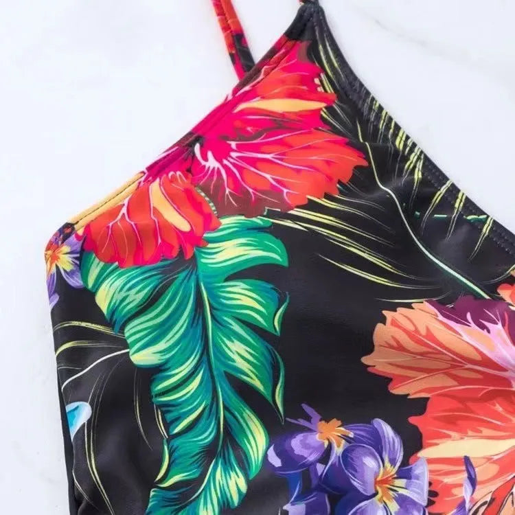Black women's high waist briefs with a printed split bikini design for sports and swimming.