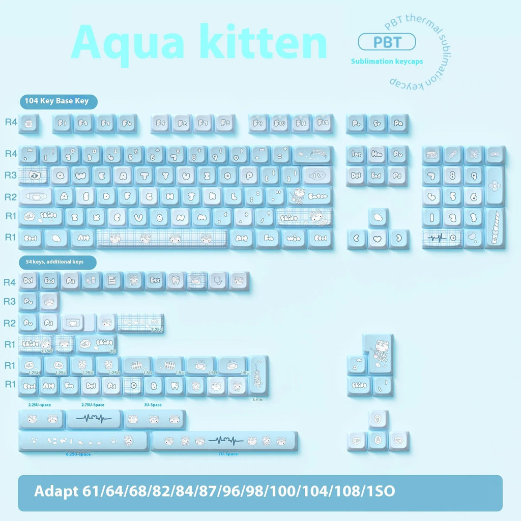 Watercolour kitten design custom PBT keycap set for mechanical keyboards, showing 138-key and 158-key options.