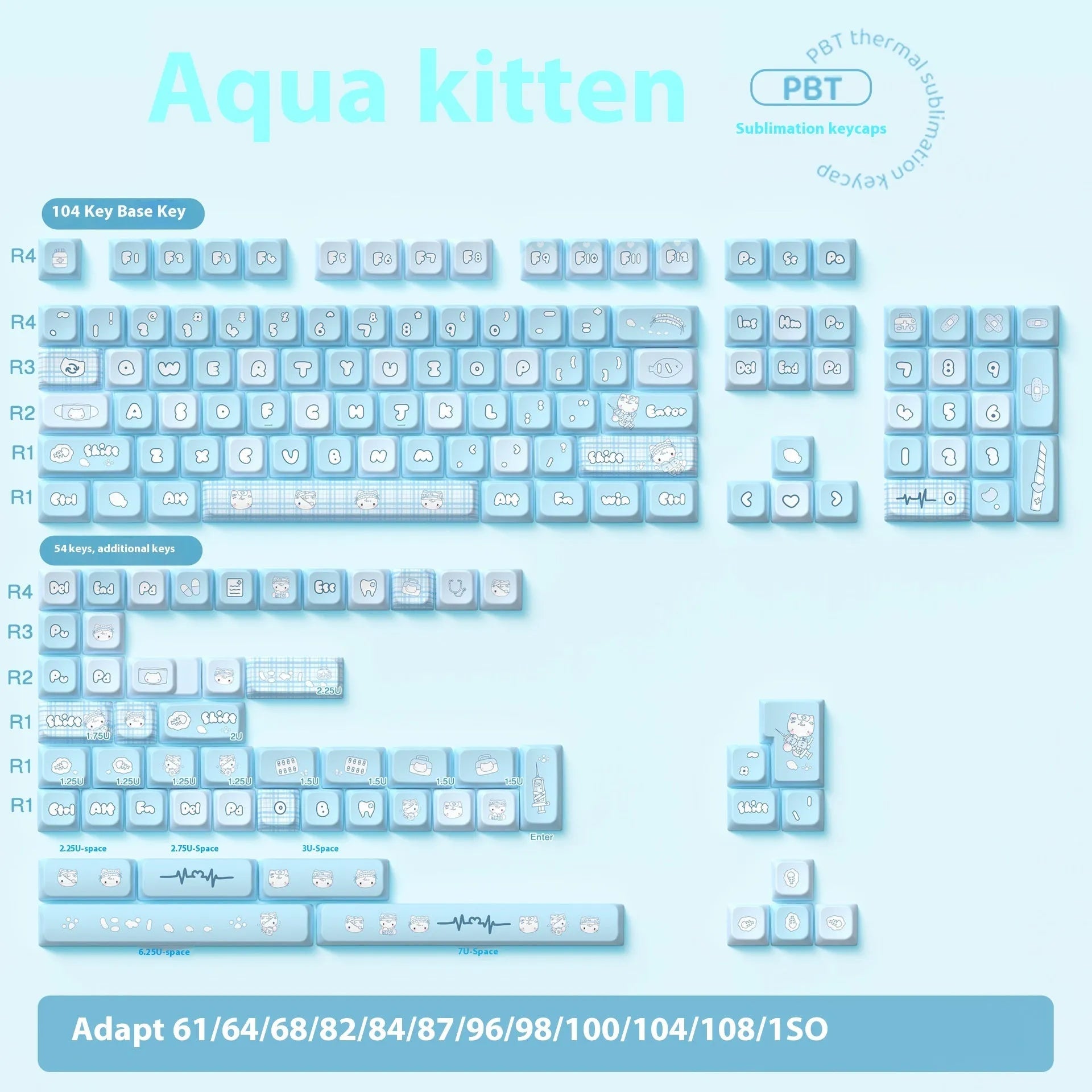 Watercolour kitten design custom PBT keycap set for mechanical keyboards, showing 138-key and 158-key options.