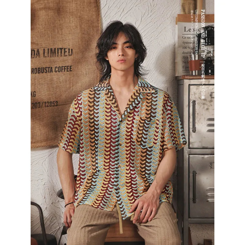 Japanese style Cuban collar men's shirt with hollow jacquard pattern in grey and red colours