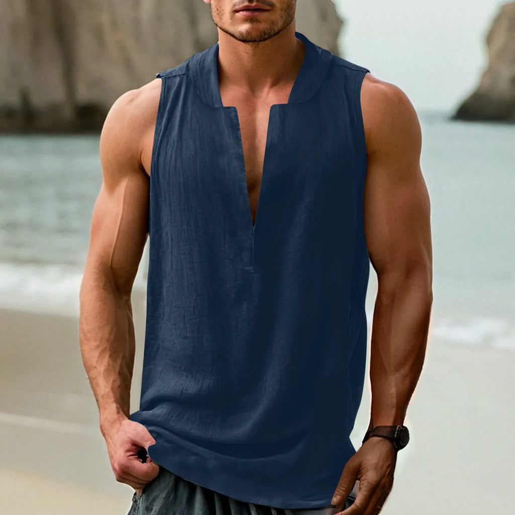 Men's sleeveless shirt in cotton linen fabric, casual style with non-ironing treatment