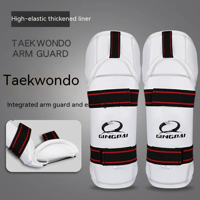 Taekwondo protective gear set showing arm guards, elbow arm guards, and leg protectors in various sizes