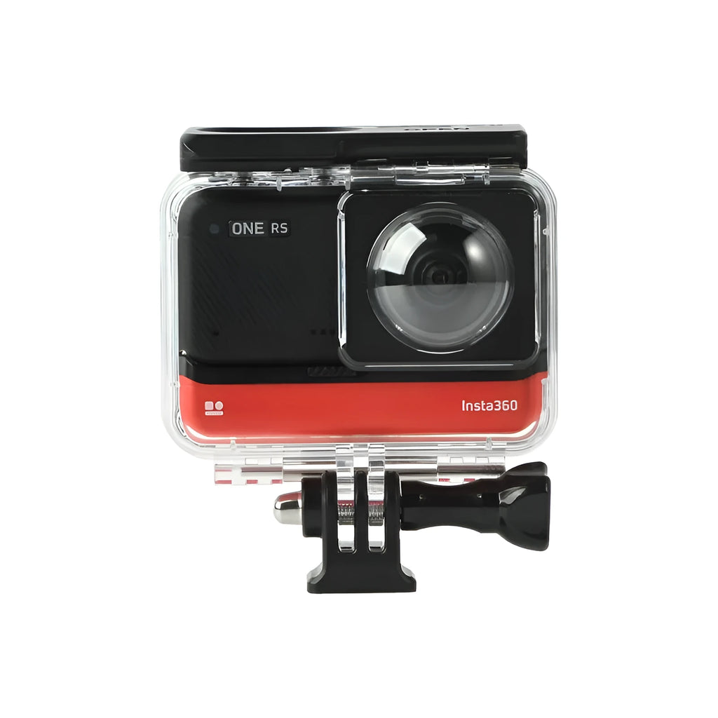 Transparent Insta360 One RS waterproof case measuring 9cm by 8cm by 4.5cm