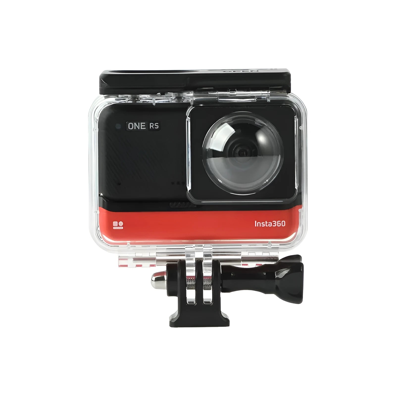 Transparent Insta360 One RS waterproof case measuring 9cm by 8cm by 4.5cm