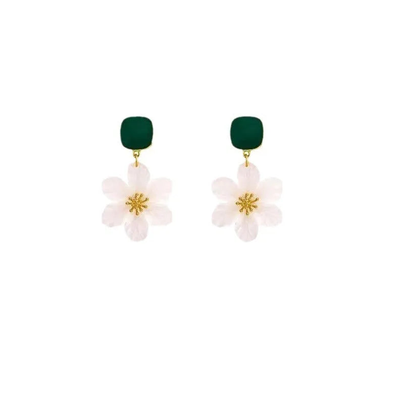 Dark green alloy floral earrings with sterling silver needle flower details for women