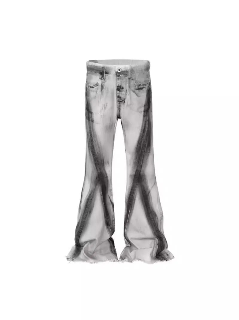 White heavy rough selvedge denim jeans with a black ribbon gradient colour effect, showing mid waist and zip fly.
