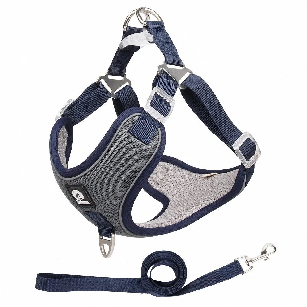 Adjustable mesh dog harness with reflective trim in black red grey or light purple colours