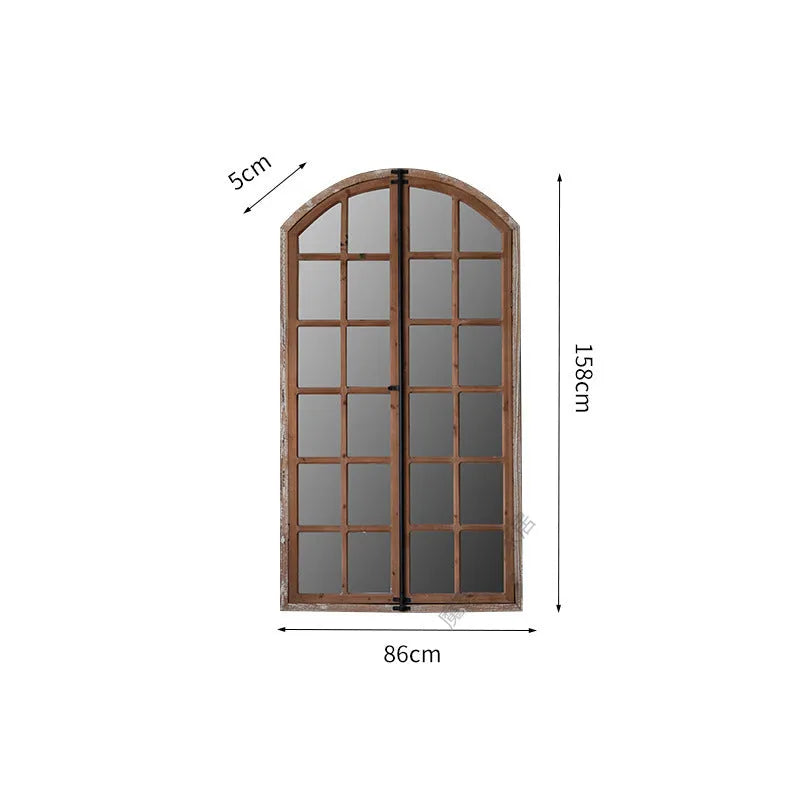 Terrace log colour wooden frame fake window wall mirror on a plain wall.