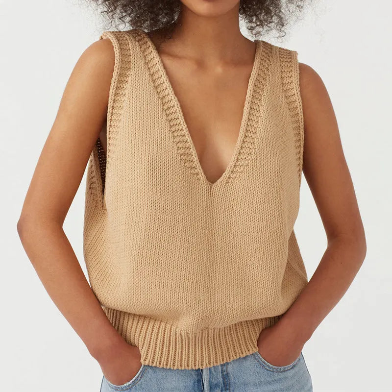 Ladies knitted vest sleeveless sweater pullover in acrylic, available in six colours including black and beige