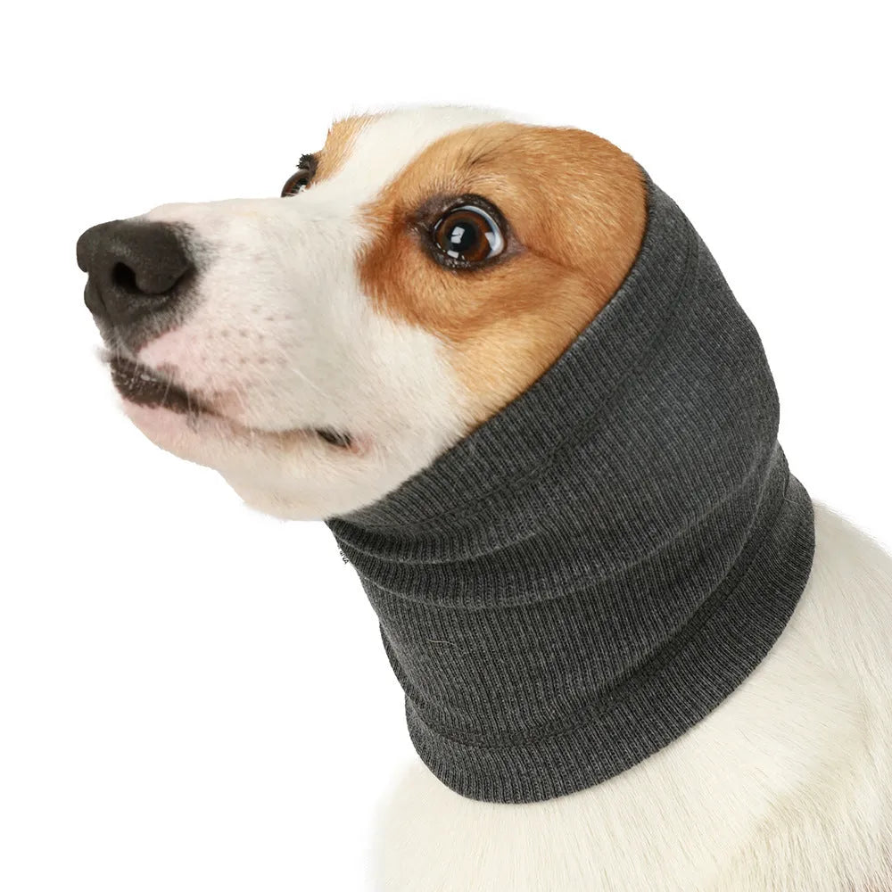Blue polyester dog comforter headband scarf wrapped around a dog's neck showing S, M, L size options