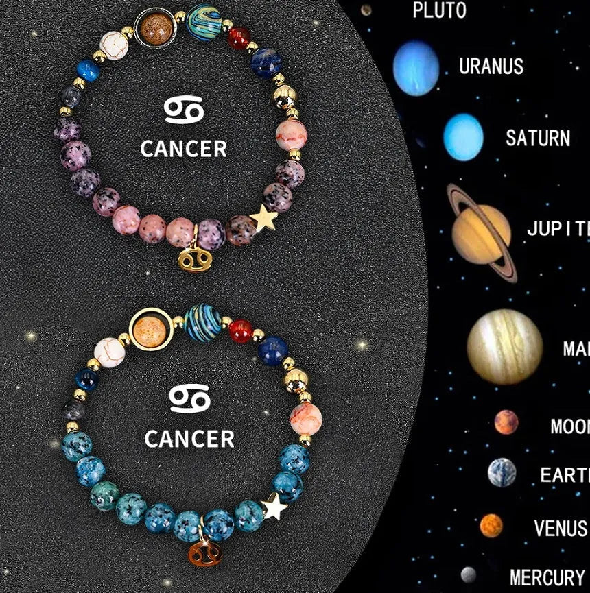 Two natural stone beaded zodiac bracelets laid side by side, showing different stone textures and colours.