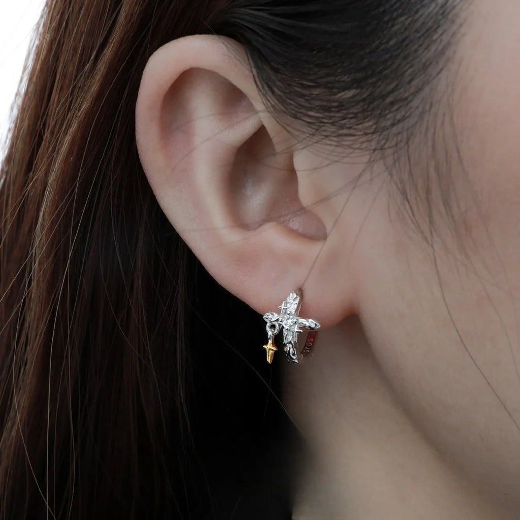 925 silver cross earrings with geometric round design in white gold colour finish