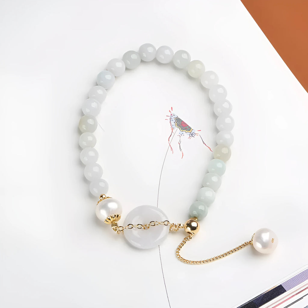 Emerald jade and pearl bracelet with peace symbol buckle on adjustable 20-22cm band