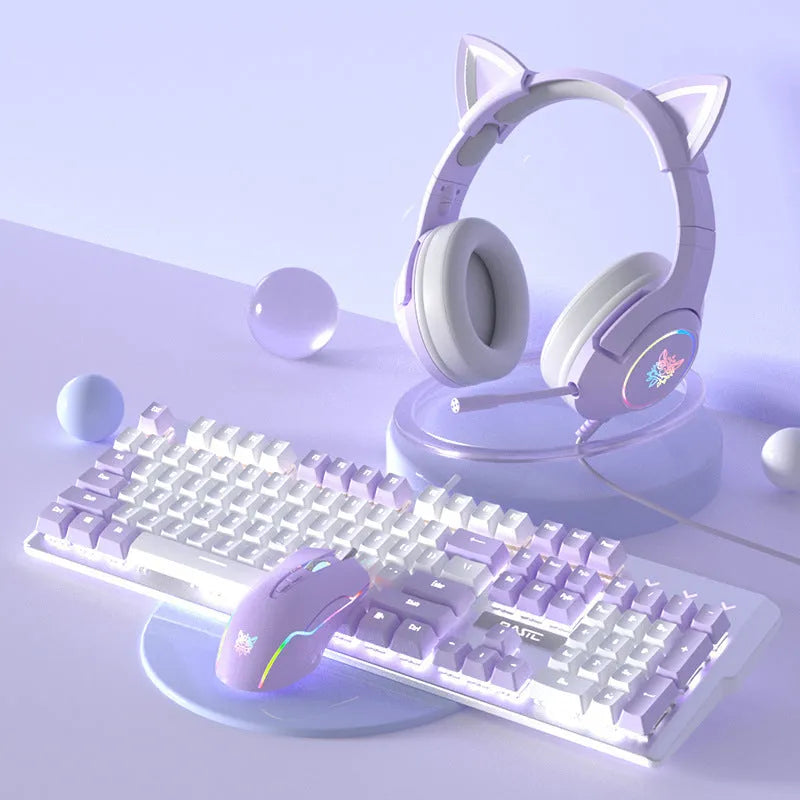 White and purple wired mechanical keyboard and mouse set with backlight