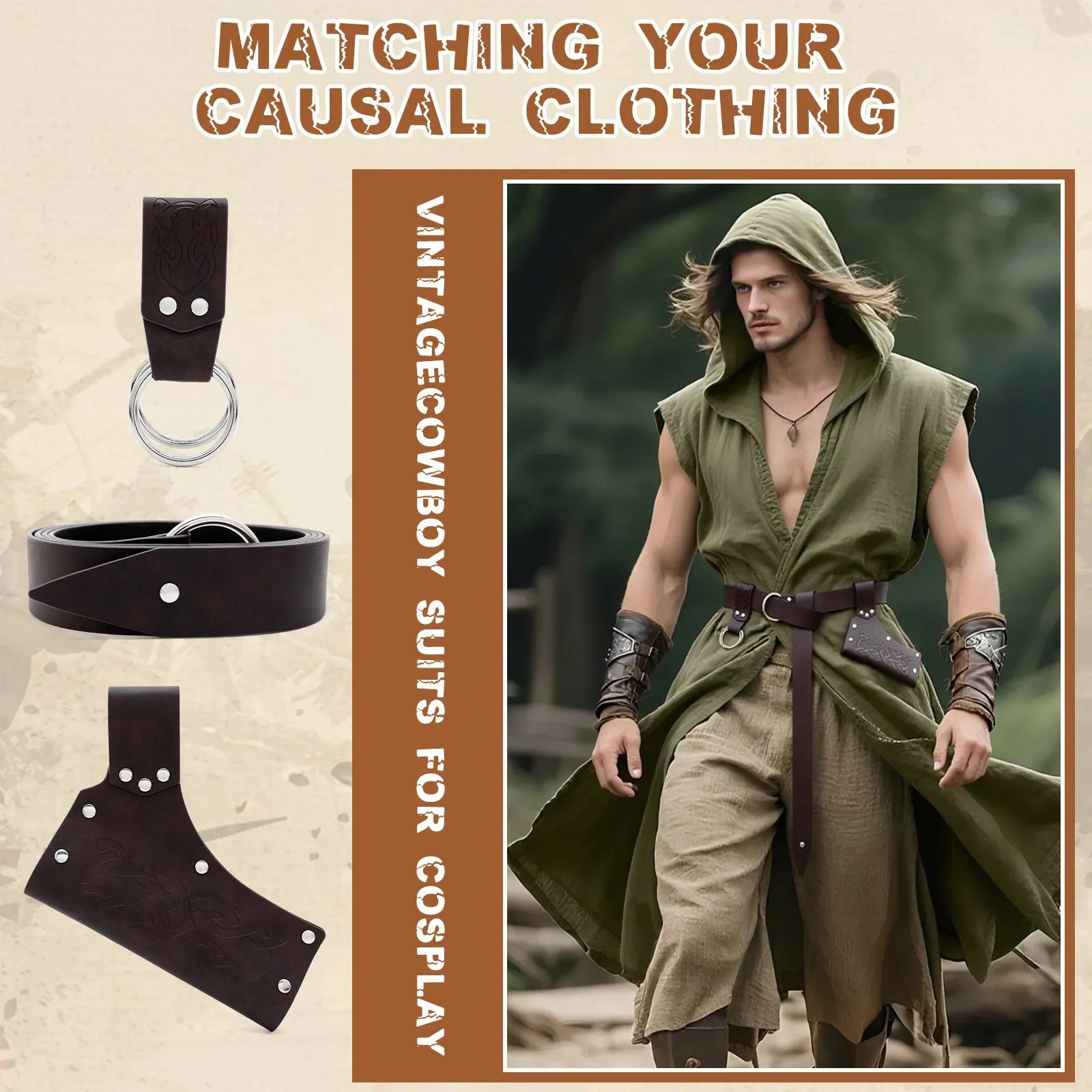 Medieval knight PU belt three-piece set for men cosplay props in black