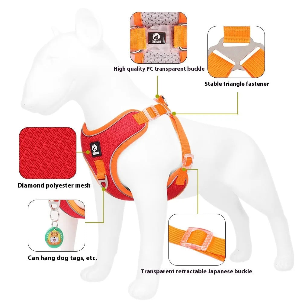 Adjustable mesh dog harness with reflective trim in black red grey or light purple colours