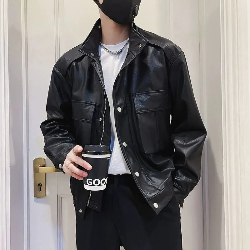 Men's black PU leather Korean-style pilot jacket with side pockets and straight hem.