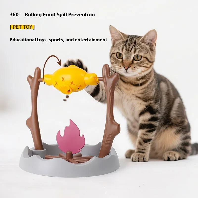 Barbecue-style tumbling cat food feeder toy measuring 30x30x29cm with interactive leakage design