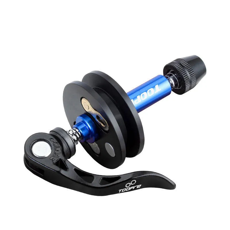 Aluminium bicycle chain holder tool showing three versions: Barrel Shaft, Basic, and Quick Release.