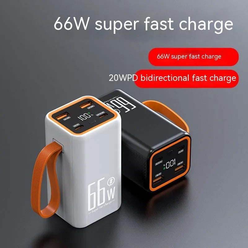 Black and white PD66W fast charging 20000 mAh power bank with creative design.
