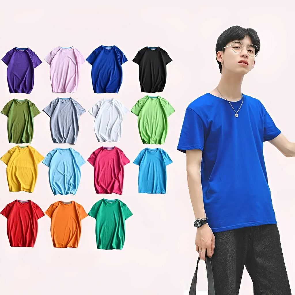 Men's solid colour cotton T-shirt on a hanger, showing the round neck and short sleeve design.