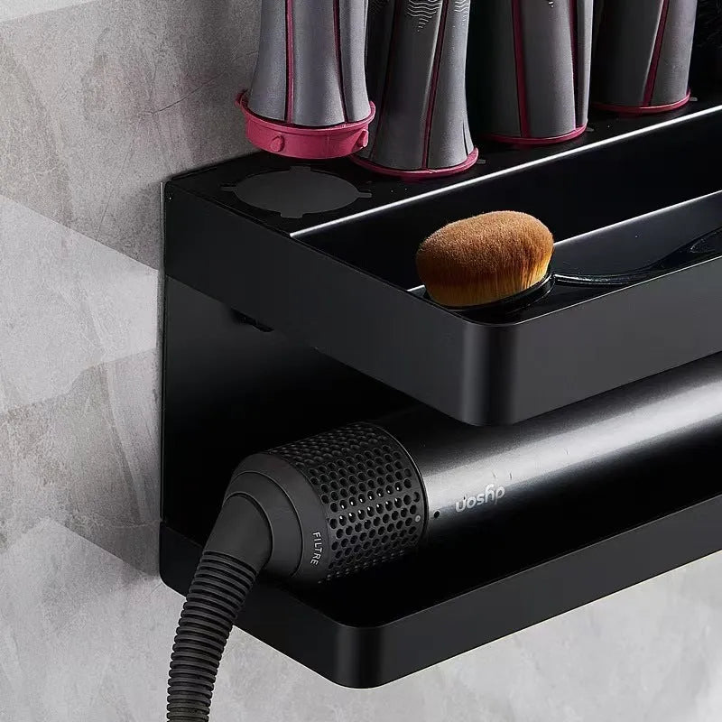 Aluminium punch-free bathroom storage rack holding hair curlers in black finish