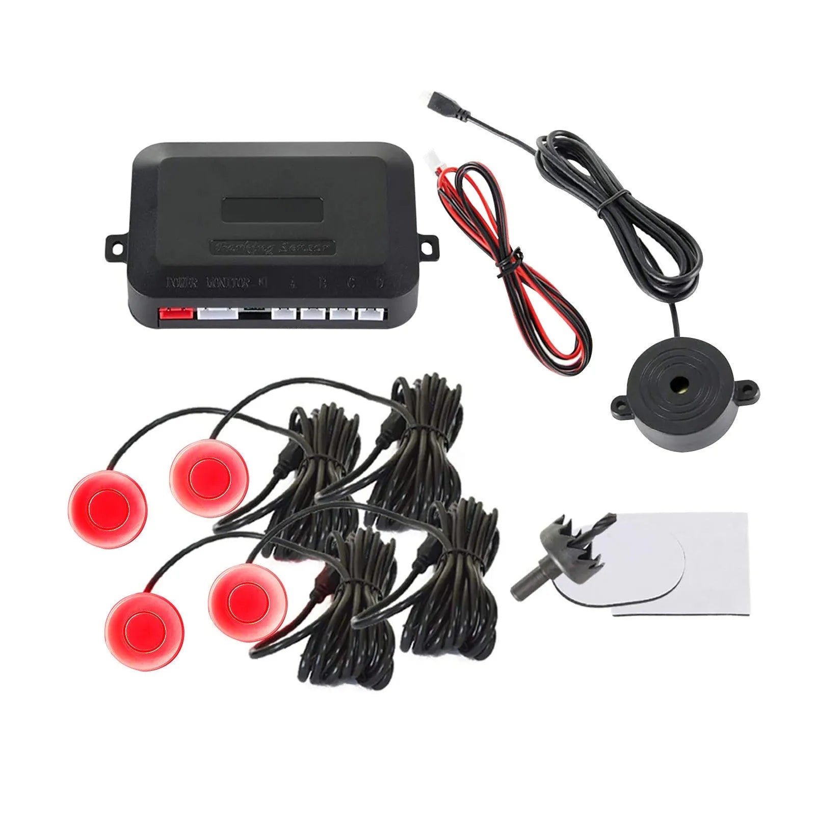 Four ultrasonic parking sensors and control module for vehicle reversing radar system with buzzer alerts