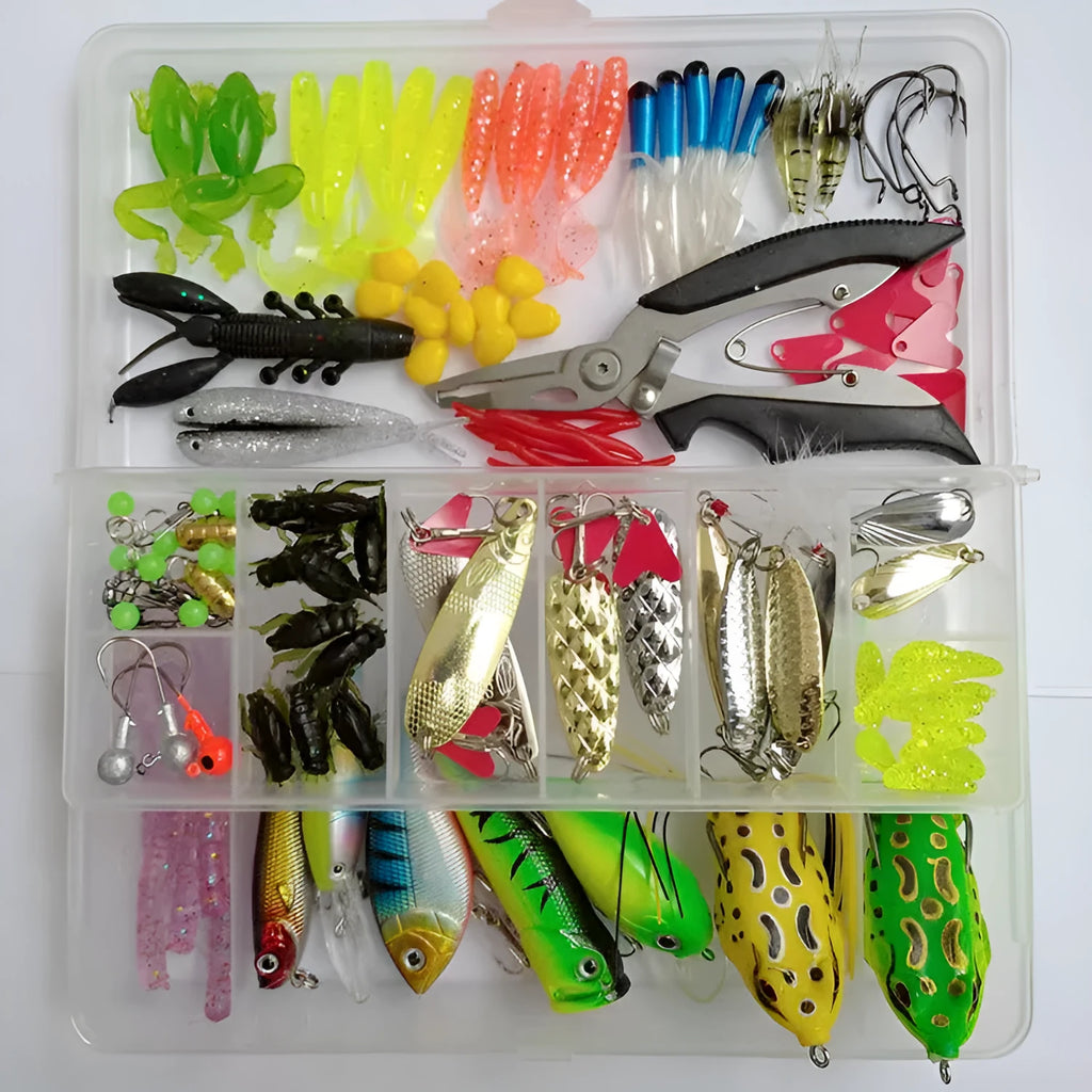 Fishing lure kit with 142 pieces showing hard minnow baits with sequins, soft plastic lures, and fishing pliers