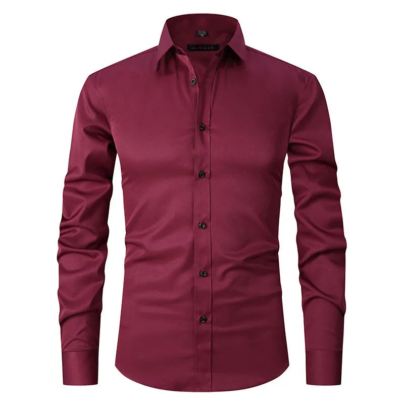 Man wearing a solid colour long sleeve polyester work shirt, showcasing the professional fit and style.