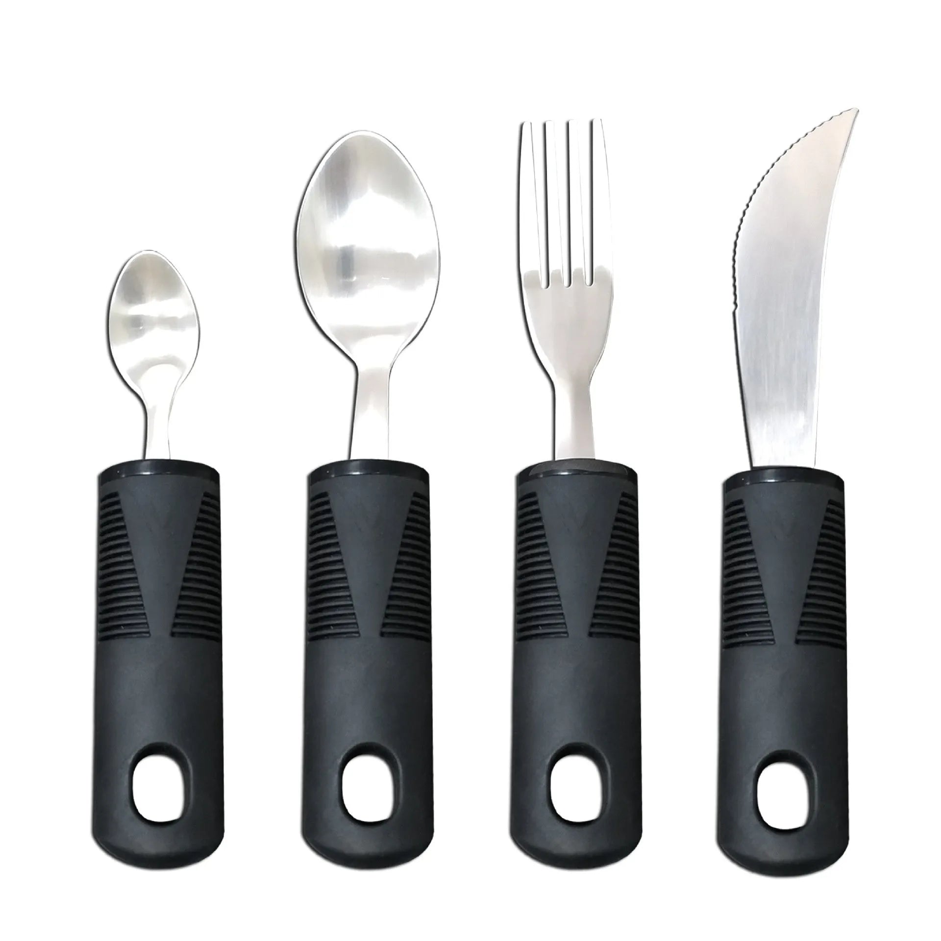 Stainless steel adaptive tableware with rubber handles in black and grey curved and straight designs