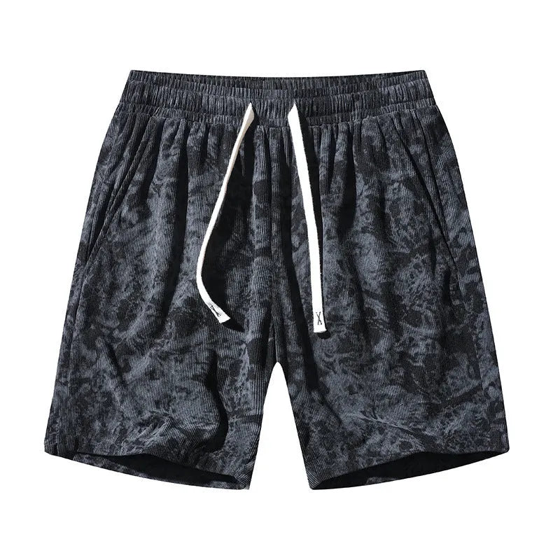 Men's camouflage pattern corduroy athletic shorts in straight cut with high waist.