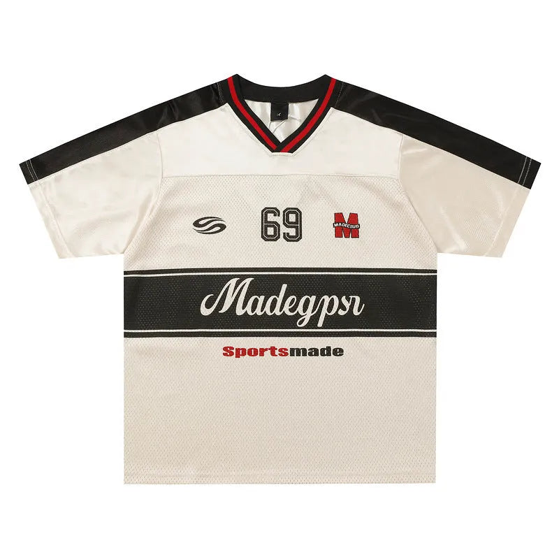Apricot coloured V-neck sports jersey with letter pattern and drop-shoulder sleeves