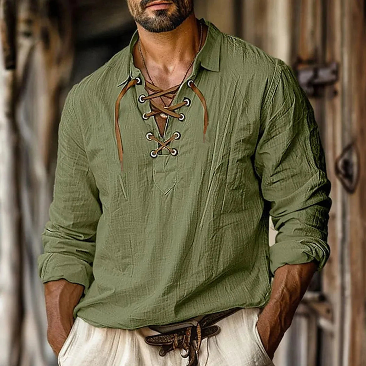 Men's plus size loose fit linen shirt with lapels and lace detail on long sleeves