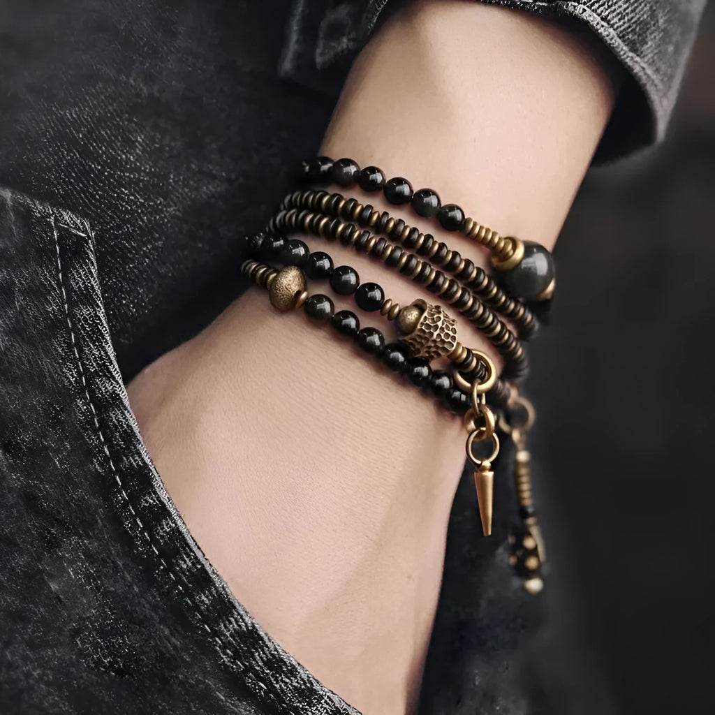 Black geometric stone bead bracelet with multi-layered design and colourful retro styling