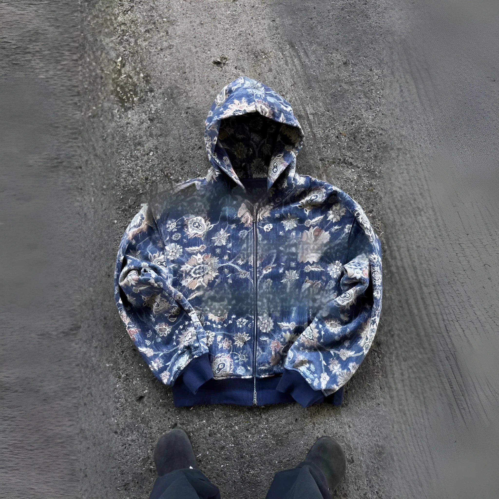 A man's loose-fitting red hooded zip coat with long sleeves, shown on a hanger.