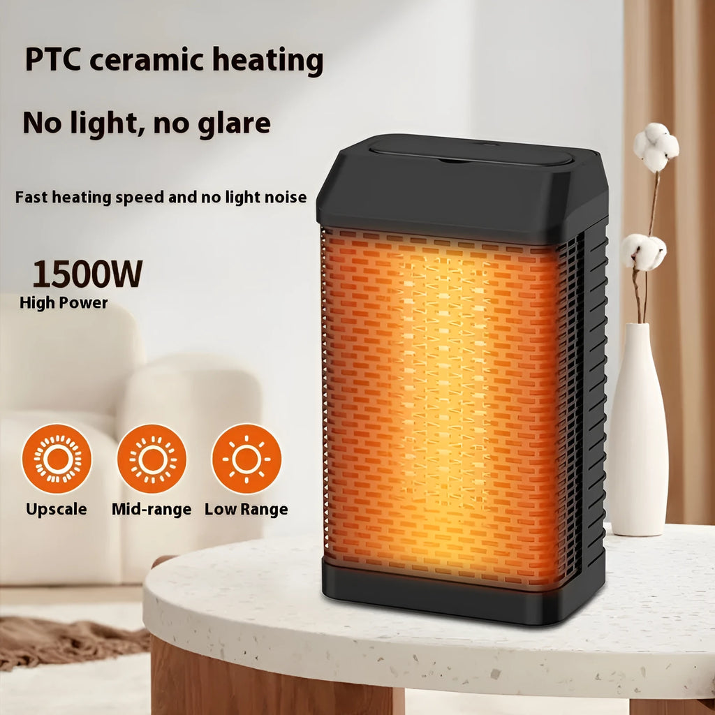 Black remote control desktop smart heater with oscillating head on a wooden desk.