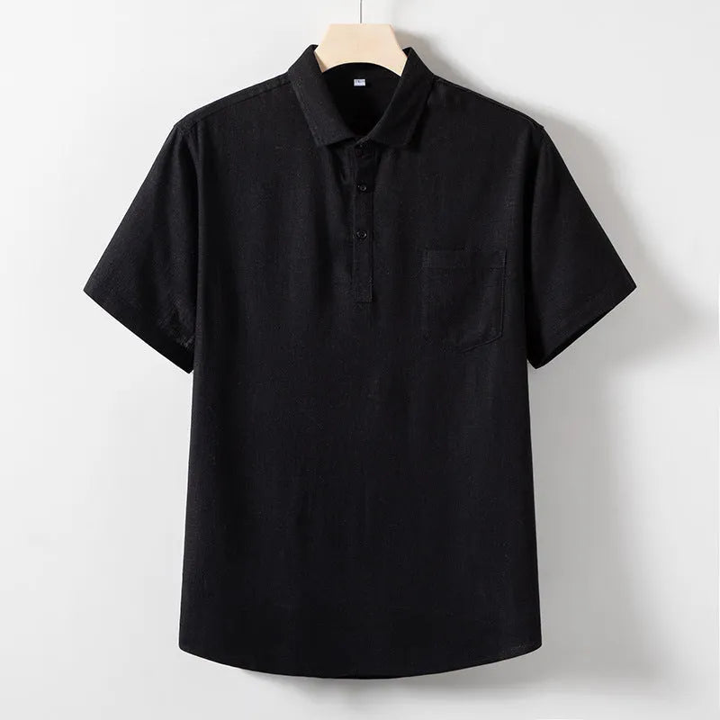 Man's loose-fit linen blend T-shirt in black, shown in a casual setting.