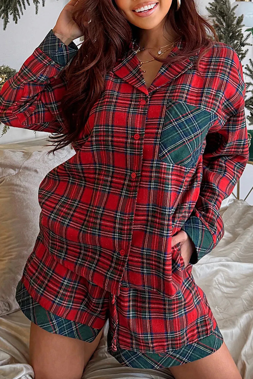 Red plaid Christmas pyjama set with contrast patched long-sleeve shirt and matching shorts