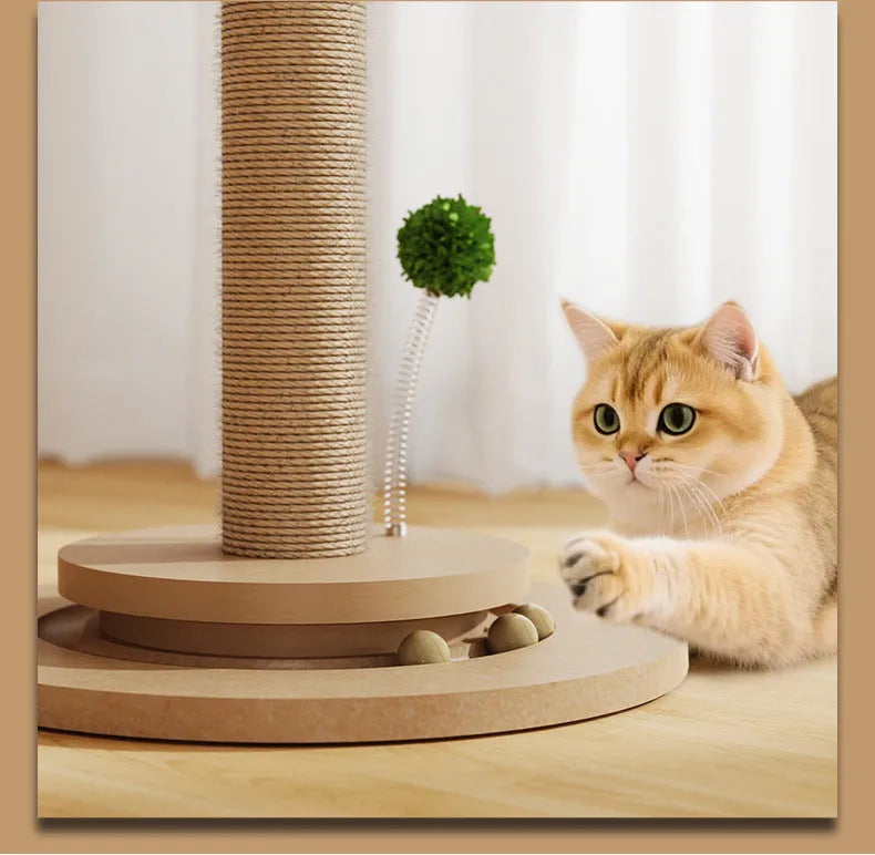 Vertical cat scratching post with hemp rope wound around a canna-coloured column on a solid base.