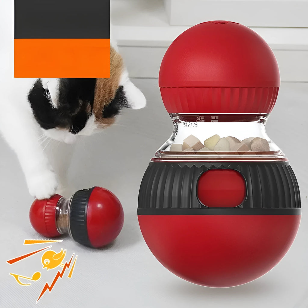 Rotating plastic cat toy with a super ball, designed for food dispensing and sound play.