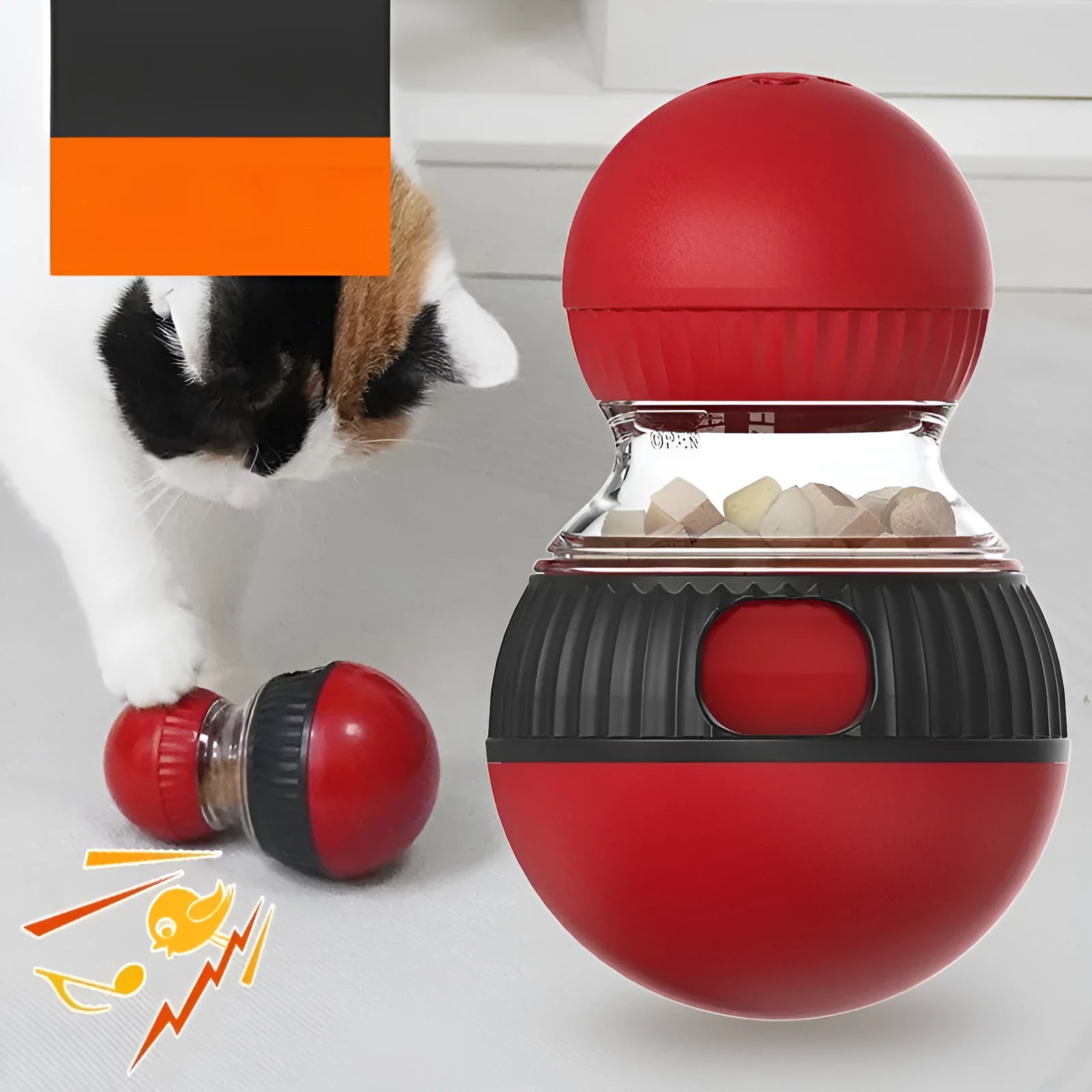 Rotating plastic cat toy with a super ball, designed for food dispensing and sound play.