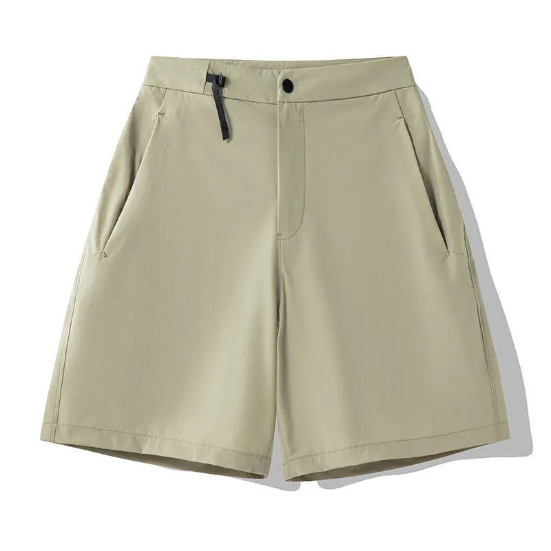 Men's quick-dry athletic shorts in khaki colour with four-way stretch fabric.