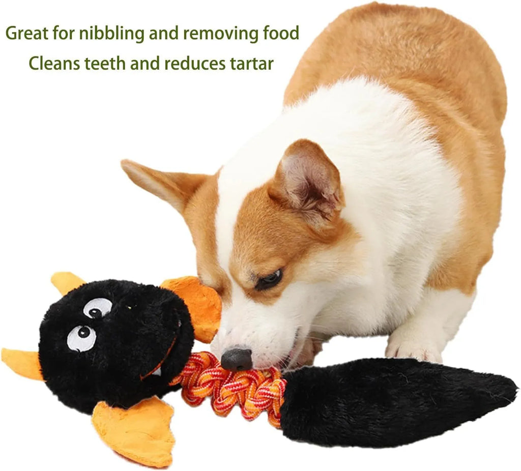Large black, green, or red plush dog toy with a cartoon shape, featuring a built-in rope knot.