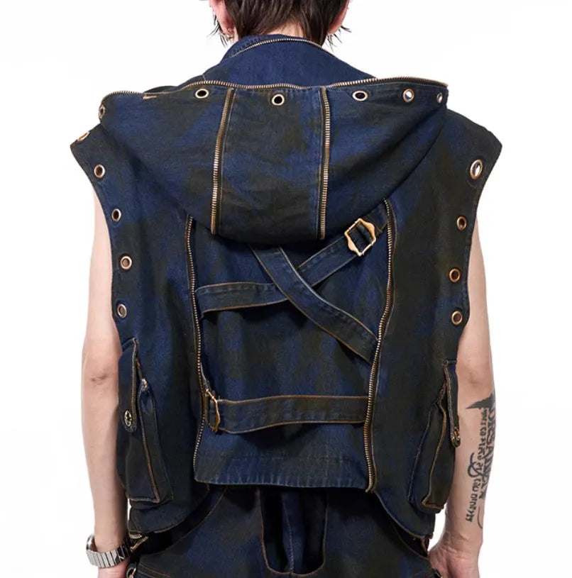Blue hooded denim-style vest and matching trousers set with front zipper in Korean heavy industry deconstructs style.