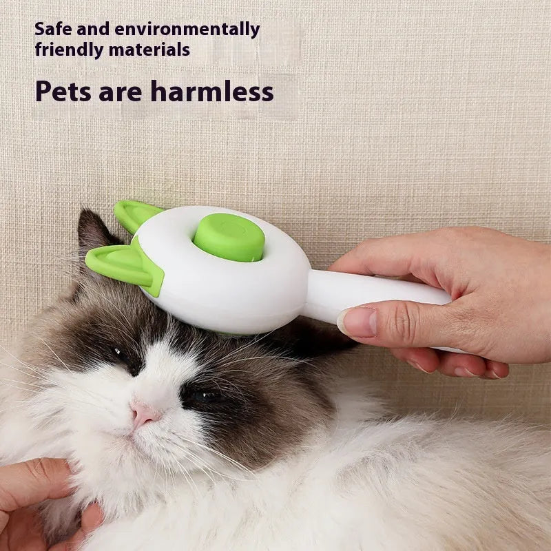 Greenish white cat grooming brush with stainless steel self-cleaning teeth and TPR massage tips