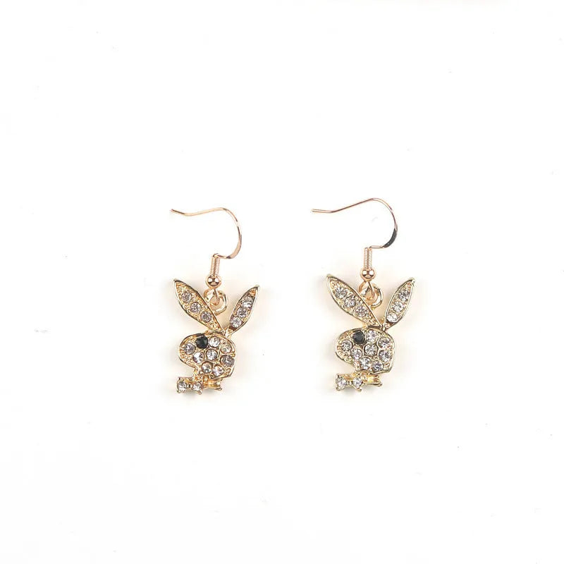 Cute rabbit-shaped stud earrings with diamond detail in silver, pink, or gold colour.