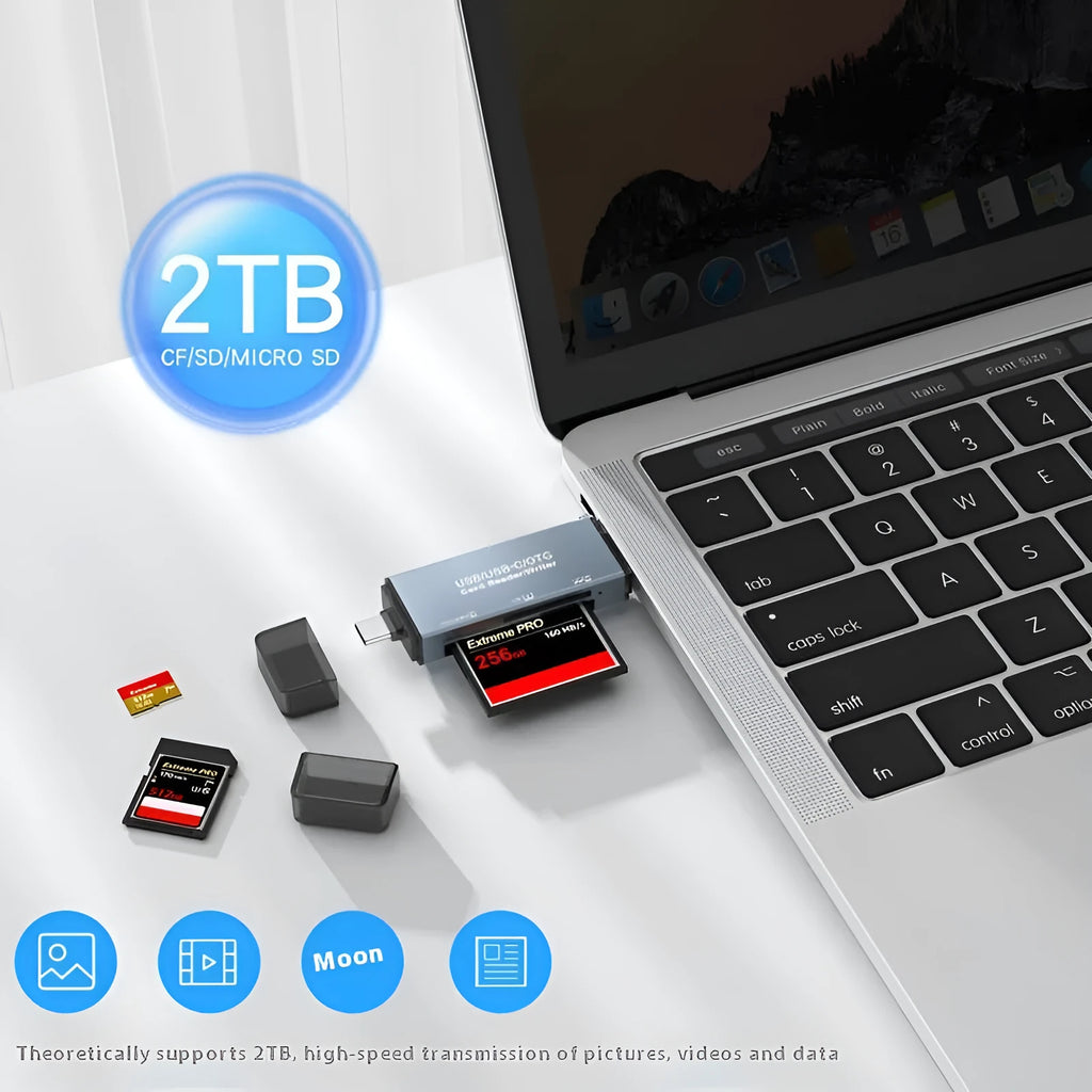 Silver aluminium USB memory card reader for SD, CF, and microSD cards with a USB-C cable.